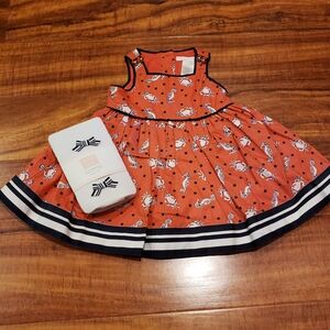 Janie and Jack NWT 3-6 months orange/navy crab print dress, matching bow tights